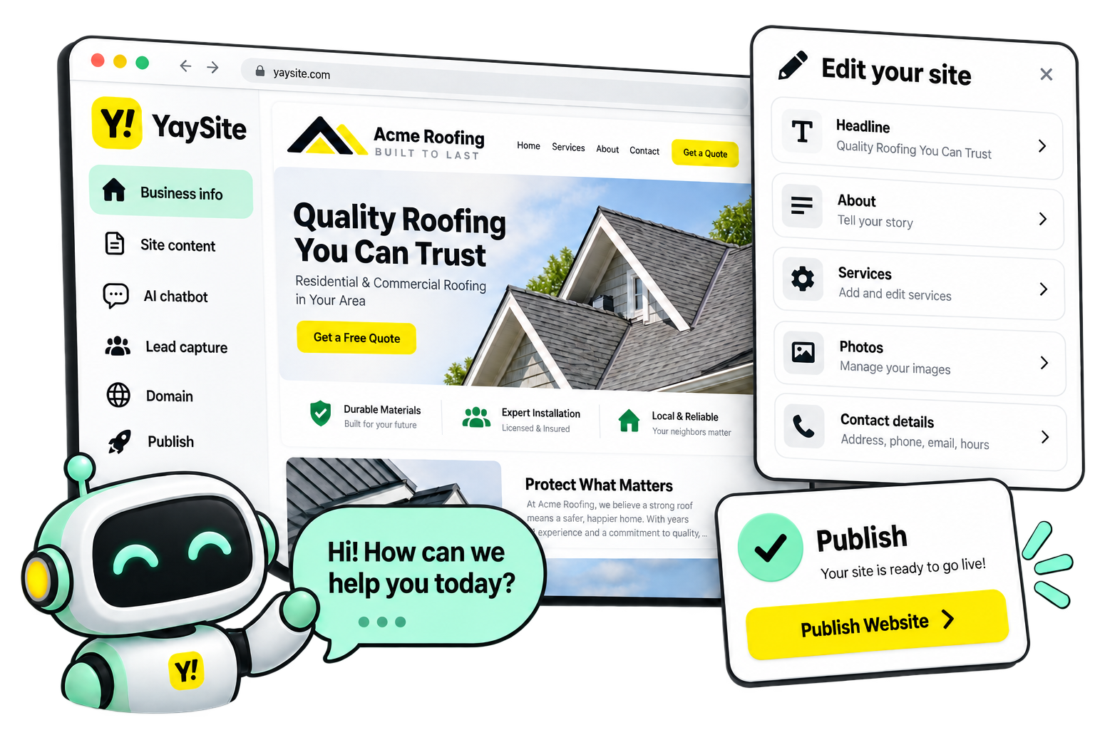 YaySite dashboard with business details, website editing, AI chatbot, and publishing tools